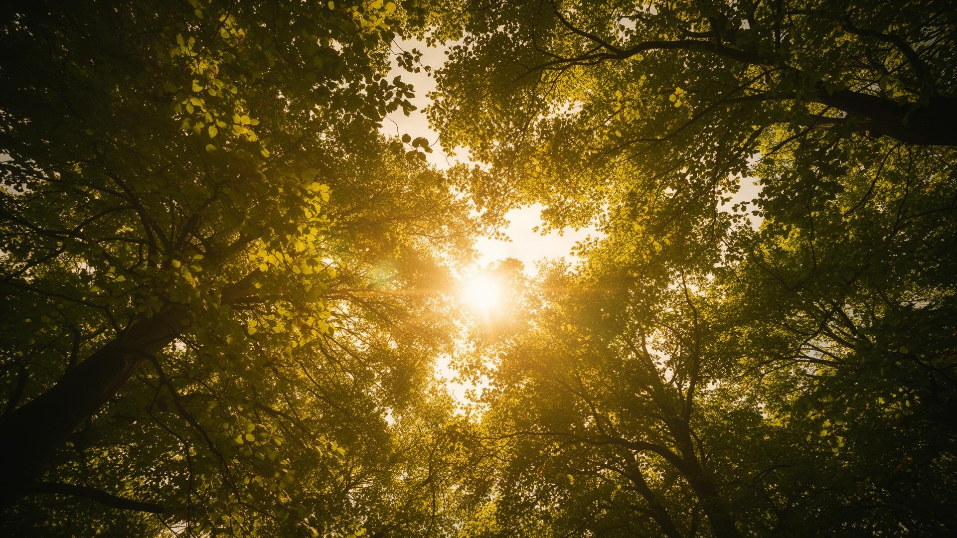 Tree canopy from below looking up at sunlight