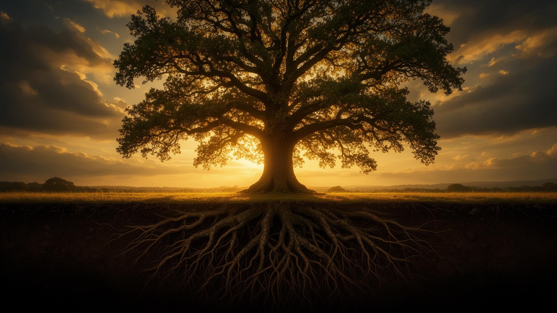 Ancient oak tree at golden hour with deep visible roots