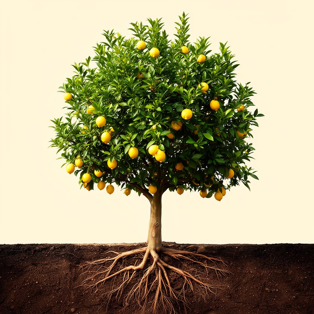 Photographic lemon citrus tree with visible roots