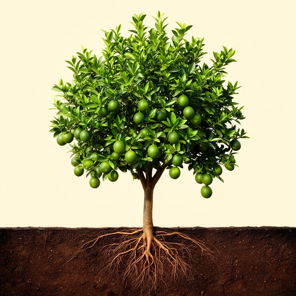 Photographic lime citrus tree with visible roots