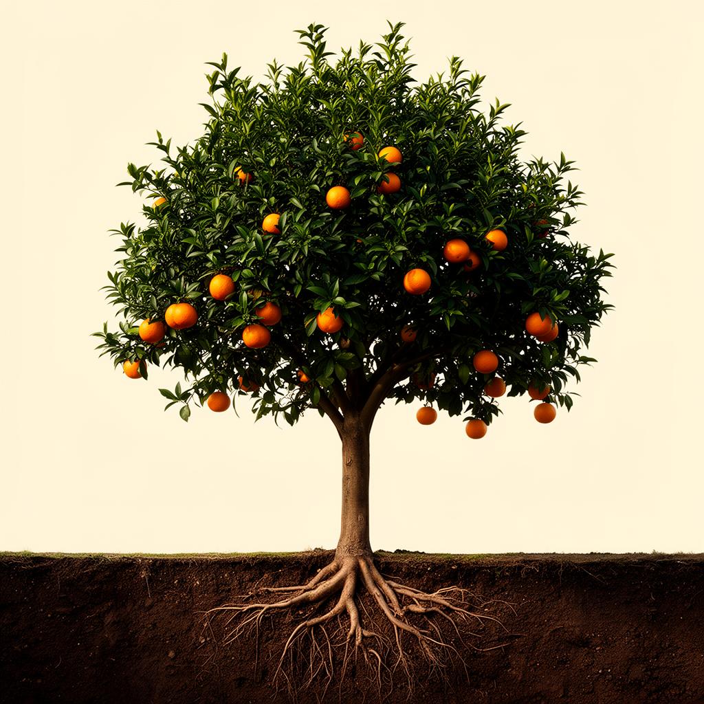 Photographic orange citrus tree with visible roots